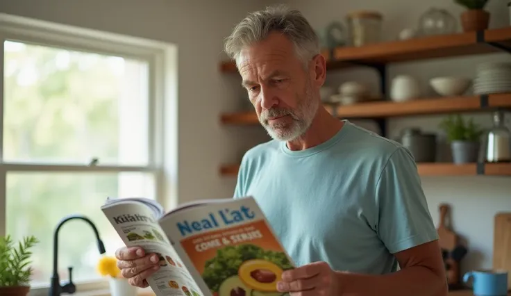 A man in his 50s, with short, salt-and-pepper hair and light brown eyes, standing in a bright kitchen. His expression is serious yet hopeful, as he’s reading a natural health magazine. The atmosphere feels informative, yet optimistic. —ar 16:9