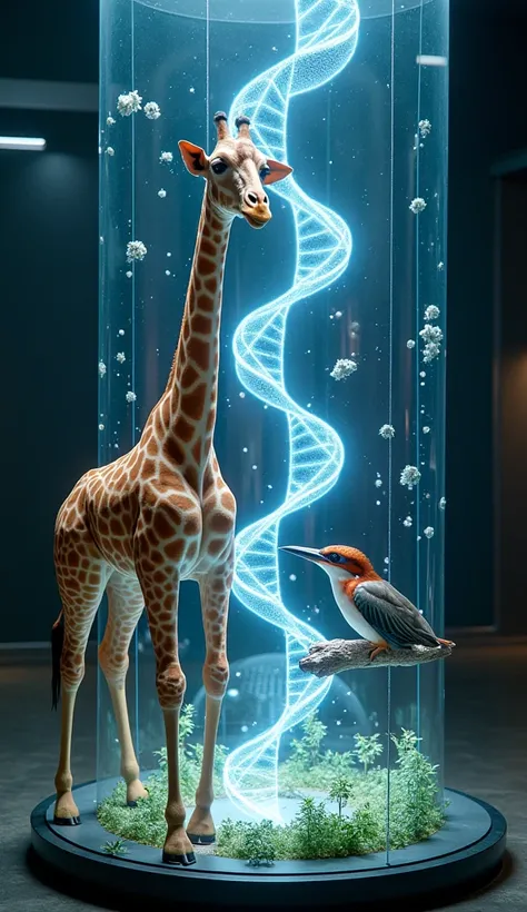 "A giraffe towers inside a futuristic glass enclosure, while a kingfisher perches in another. A radiant DNA helix in the center links their data, with holographic displays showcasing a giraffe-kingfisher hybrid blending grace and speed."