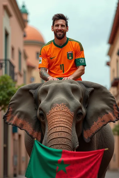 Créer moi une photo hyper réaliste de Léo Messi avec un maillot de côte d'ivoire et avec le drapeau du maroc assis sur un éléphant dans la ville de Marrakech au Maroc souriant 