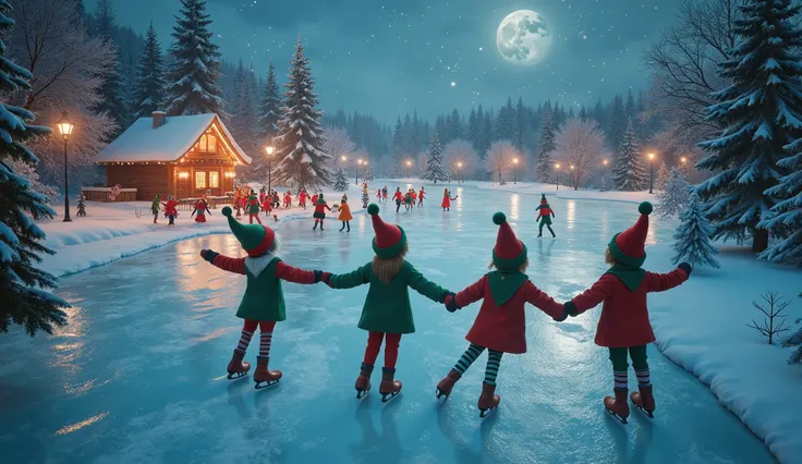 View from above, frozen lake, lot's of Santa's little elves dance a waltz on ice skates on an icy lake, dressed in green and red, sly and mischievous, christmas night, 3D Pixar style, magical atmosphere, cinematic lighting, vibrant colors, highly detailed,...