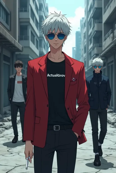 A young, light-skinned male anime character, positioned slightly off-center to the right of the image, is centrally focused. He has short, light gray hair and is wearing blue black sunglasses.  His expression is neutral, almost stoic.  He's dressed in a ta...