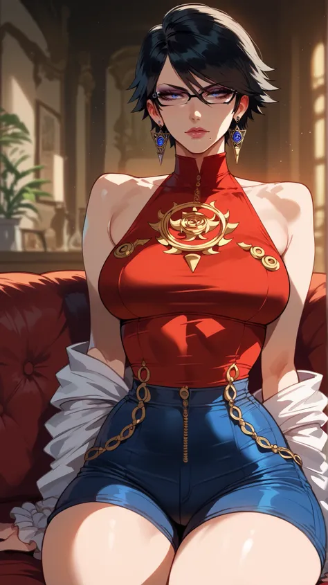 Bayonetta Style,  perfect eyes,  perfectly sexy face , ultra detailed,  ultra perfect eyes,  short hair,  black hair,  big beautiful woman , sitting, dark blue shorts, Body,  looking at the spectator,