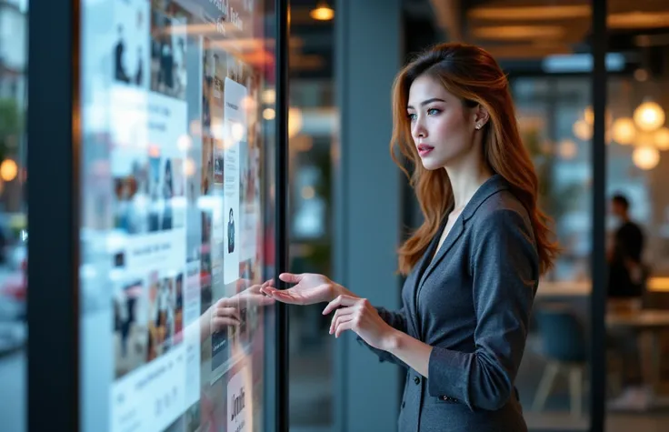 A woman on the right is promoting an ad with the words on the left