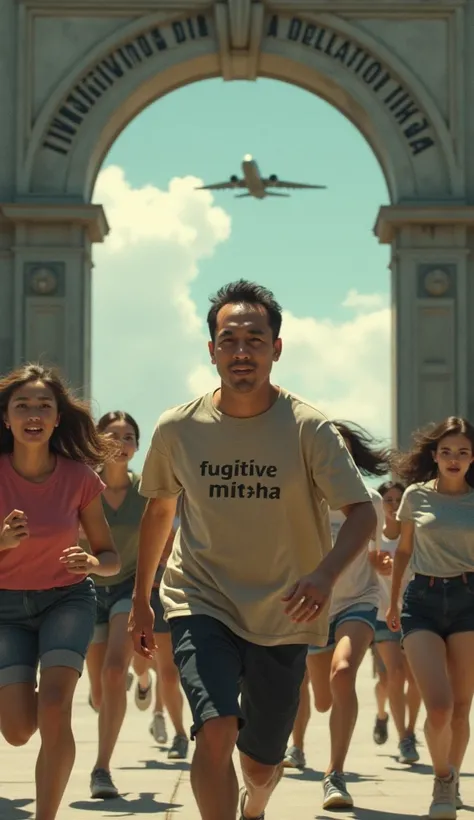 realistic An Indonesian man chasing a lot of women in a man's shirt with the words FUGITIVE MITOHA there is an archway behind the inscription K4BUPATEN J4NDA background of the plane