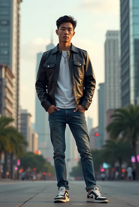 a young handsome Indonesian man,  wearing leather jacket .jeans. nike jordan shoes , city background 