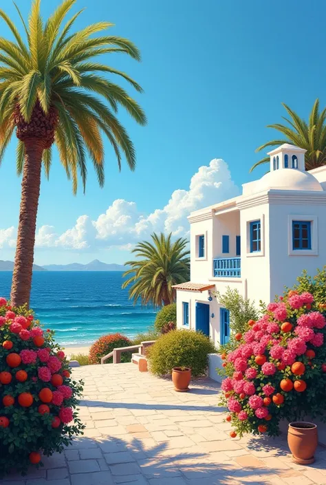 A modern type of painting with a beautiful beach and palms in the back. In the front, beautiful greek style houses with rosy fowery bushes and a few orange trees