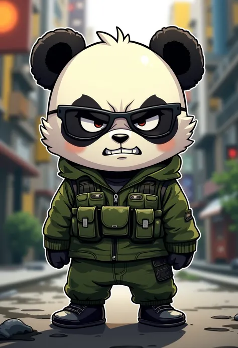 1 panda, chibi anime style, big ear, wearing tactical green camouflage, wearing black glasses, black camo pants, white shoes, angry, streetwear