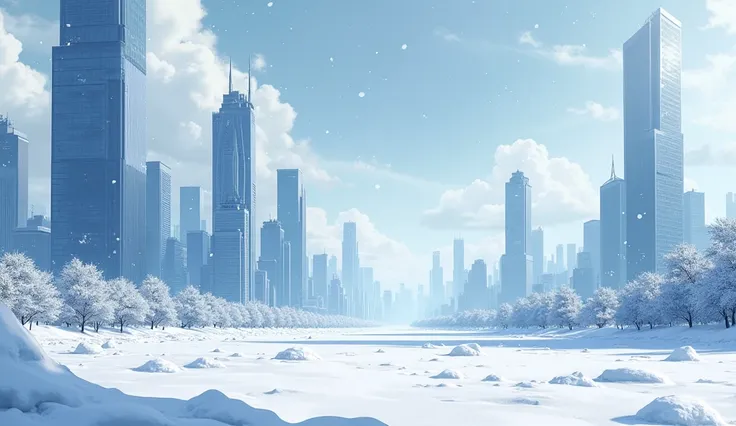  beautiful anime landscape ,winter,  city, cold,  snow , sky,  high-rise buildings ,ricunok