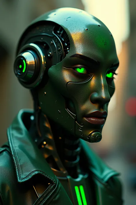 Agent Slatt, robot, highest quality ,A dark cyberpunk world、1 male ( dark cyberpunk world,  male african Robot, brown robot face, Green outline on sharp facial structure, human like, Gas canisters, metallic hair , cyberpunk from Ghana, high quality, green ...