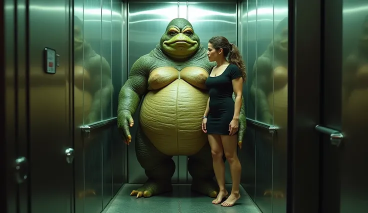 Fat Jabba Hutt and Real realistic Hulk Girl with open and inflated big breasts in a black face dress in a mirrored elevator. 