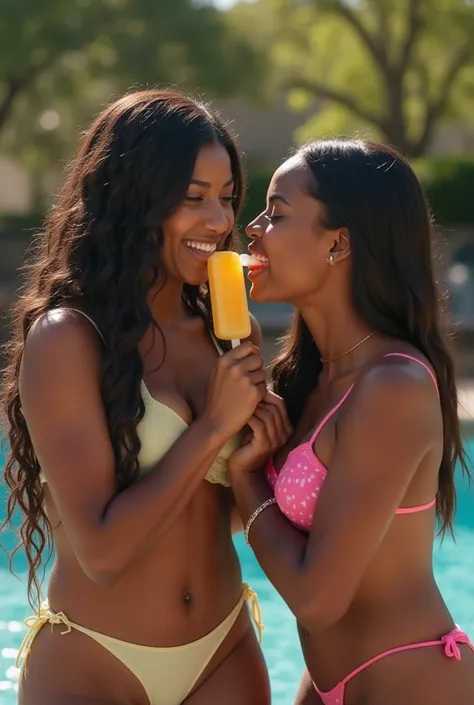 Young dark skin girls in 2 piece bathing suits sucking and deepthroating popsicles, multiple girls, swim suits, happy, sensual, sexy, high definition, high quality, realistic, pool side, most beautiful, sunny day, big breasts