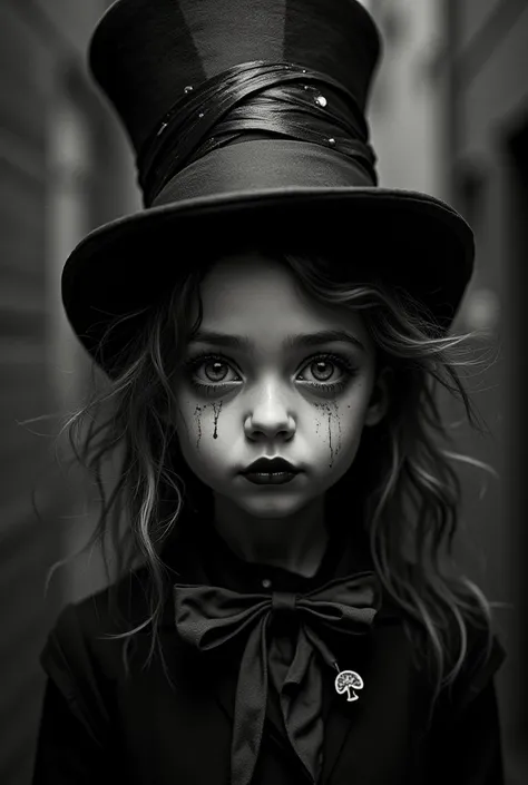 The hatter from Alice in Wonderland in the guise of a girl. In the style of a Art Noir