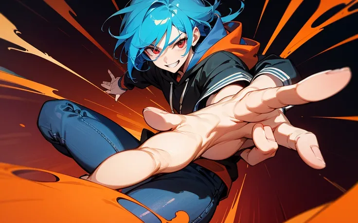 "A highly detailed anime-style illustration of a young male character with vibrant blue hair and striking red eyes. He has a confident and friendly expression, wearing a black hoodie with red accents and blue jeans. His pose is dynamic, with one hand raise...