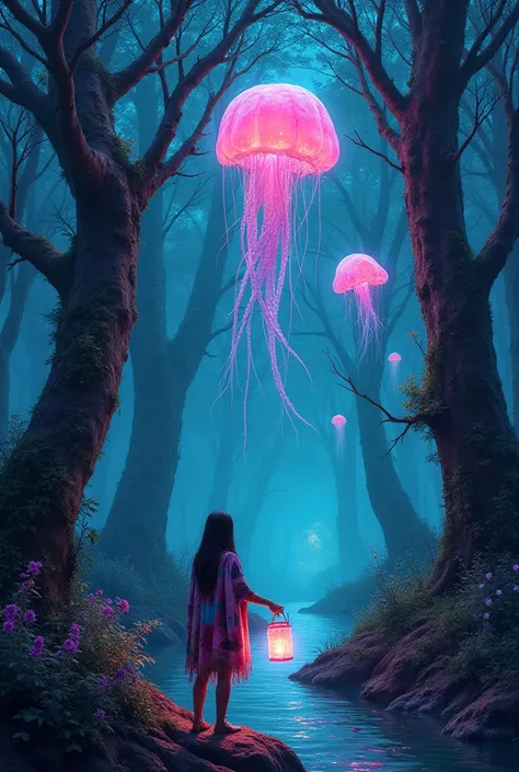 A dense forest where trees have translucent, glass-like bark glowing with neon bioluminescence (pink, teal, and violet). Giant floating jellyfish drift between branches, their tentacles dripping liquid light. A  in a patchwork cloak holds a lantern made of...