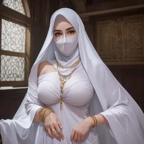 A beautiful Arabian glasses model, white skin, sharp nose, covered mouth, voluptuous breast, off shoulder, wear hijab, golden bracelets, necklaces, watch, veil, take off bra, breast feeding, hot, milking, baby, sofa, detailed squinting eyes, detailed horny...