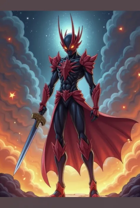 Yu gi oh warrior monster with sword, thin, Utopia, mask ,  black and red , cartoon style, Anime style, Fire,  galaxy background , Pointed hair , Male