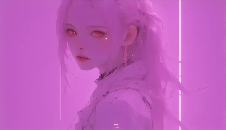  1 girl, solo,  high resolution,  Realistic anatomy ,  best quality,  In detail,  long hair hairstyle,  pink hair , earrings,  red eyes ,  Widescreen format ,  anime style,  ray tracing,  Cyberpunk 