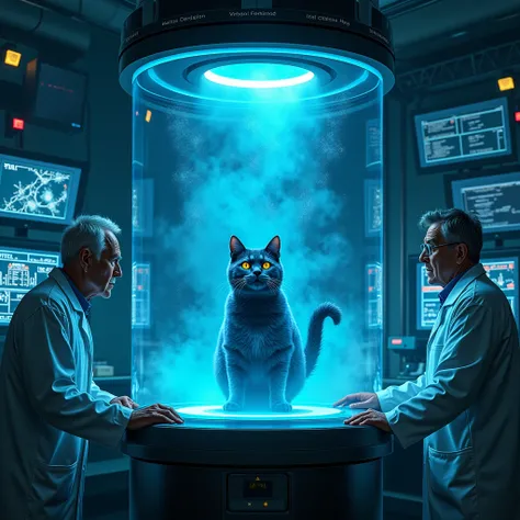 "A futuristic high-tech laboratory, dimly lit with blue neon lights. In the center, a large glass containment capsule filled with mist, containing a blue-furred cat with glowing yellow eyes. Scientists in white lab coats monitor screens displaying complex ...