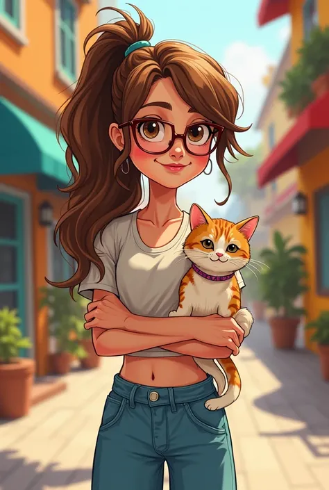 Yordanka - 165cm tall ,  long brown hair in tail ,  brown eyes ,  wears glasses ,  wide jeans and crop top with cat in hand, I want her as a cartoon character