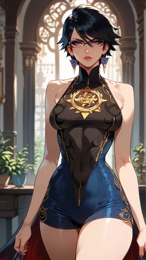 Bayonetta Style,  perfect eyes,  perfectly sexy face , ultra detailed,  ultra perfect eyes,  short hair,  black hair,  big beautiful woman , standing, dark blue shorts, Body,  looking at the spectator,