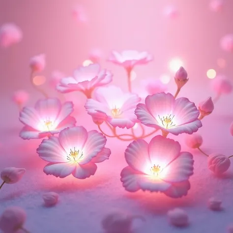 Photograph of a pink background with pink and white flowers. The flowers shine with their own light .