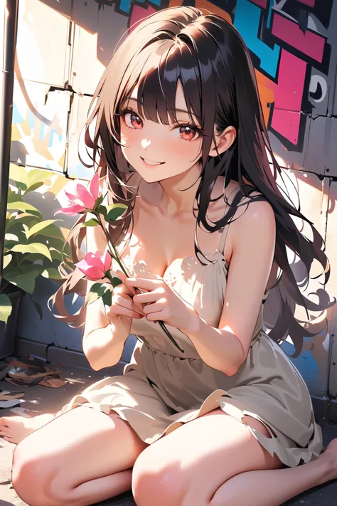 1 girl, (cute face), Southeast Asian, (long hair), (bright smile), medium breasts, slim, (wearing tattered dress), knee length, (porcelain skin), 
BREAK 
urban slum, graffiti walls, (sitting on the ground:1.2), surrounded by colorful street art, (holding a...