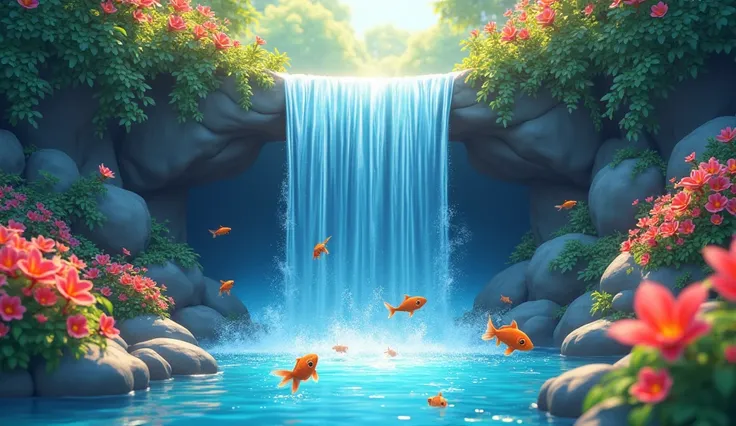 A 3D cartoon image of a Mesmerizing Waterfall (A cascading waterfall that sparkles like liquid diamonds, surrounded by lush, vibrant flowers. The water flows into a shimmering blue pool, where golden fish leap playfully under the sun)