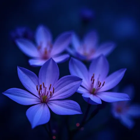 Photograph of a dark blue background on which there are light purple flowers. The flowers shine with their own light .