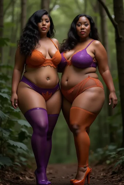 Two bbw bimbo Brides WITH curvy bodys. Lipstic with big lips. 
Nose ring. Big navel..purple and orange night ware. Sexy stockings.cheeta  design lingerie. . 
High heels. Busty boobs. Tranceperent lingerie.forest background. Camera up view. Bra strapes visi...