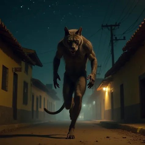 cat man,  thin body, very hairy, dark brown coat. Long tail.  Aggressive features. Hands have claws.  Skin color is dark brown. Corpo now.  You're barefoot and running down a dirt road,  with old houses in Portuguese colonial style, during the night.  The ...