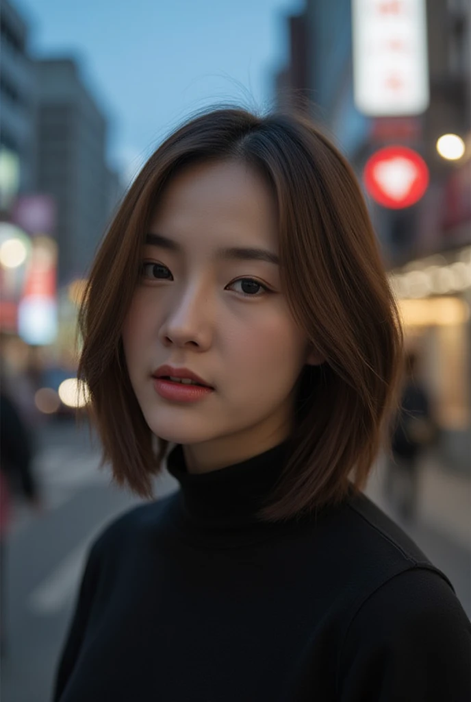 there is a woman with a short hair and a black shirt, portrait of female korean idol, unique hairstyle, over exposure background, black turtleneck, photo of the girl, by Zou Zhe, 🍂 cute, young with long hair. rim light, busy city atmosphere,