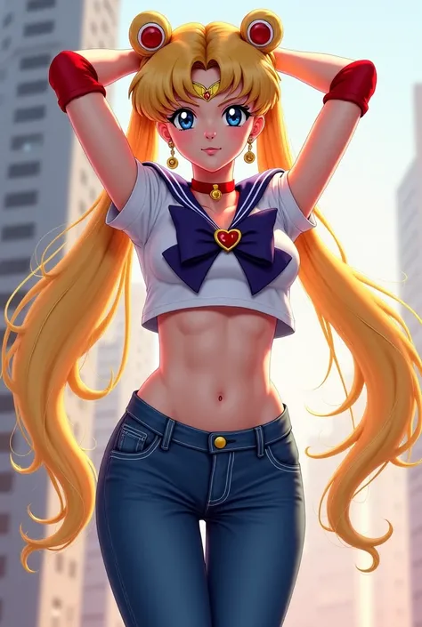 Anime-Serie, sailor moon standing, wearing low rise jeans, wearing short crop top, both hands up in the air, bellybutton shows, long midriff, very detailed, masterpiece