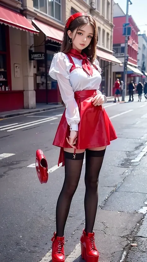 、(((full body)), side view fitted figure , cute  beautiful schoolgirl, beautiful cute    face with big lips , ((girly and sweet)), (confident), (smile), ((very detailed character)), (((girl is just 12 y.o.))), ((High Waisted red leather skater pinafore dre...