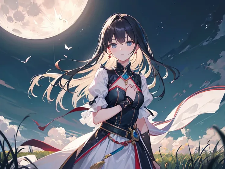  with great attention to detail, super details on left chest, super high resolution,A girl holding a two-handed sword is looking at the moon,The Moon Before a Girl's Eyes, moonlight shines around her,The moon is full in front of her eyes, is spreading, the...