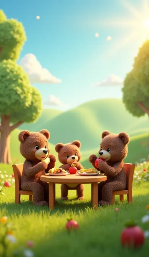 A whimsical, vibrant 3D-rendered scene 3 bears eating in the dinning table. The dad bear eating a banana. The mom bear eating an apple. The  bear eating a strawberry. The environment is lush with greenery, soft grass, and sunlit trees, with rolling green h...