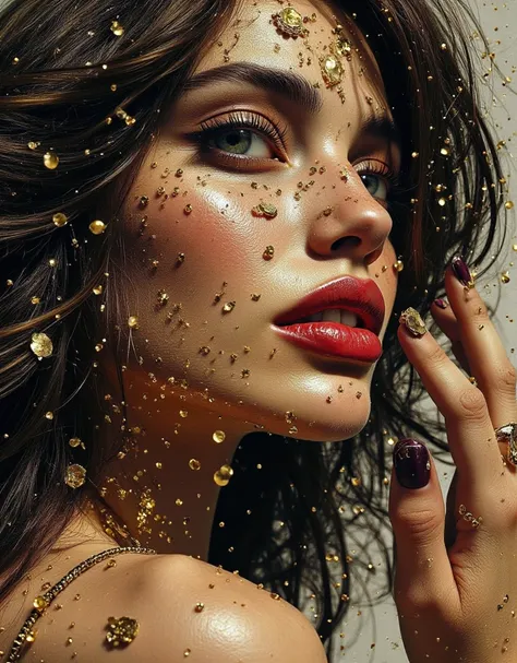 unrealistically beautiful girl scatters into pixels, disintegration, grunge decorations, beautiful complex makeup, parted lips, charismatic look, fashionable pose, fine ink drawing, coal black, wine, gold, khaki, ocher, drawing of details, hyperphotorealis...