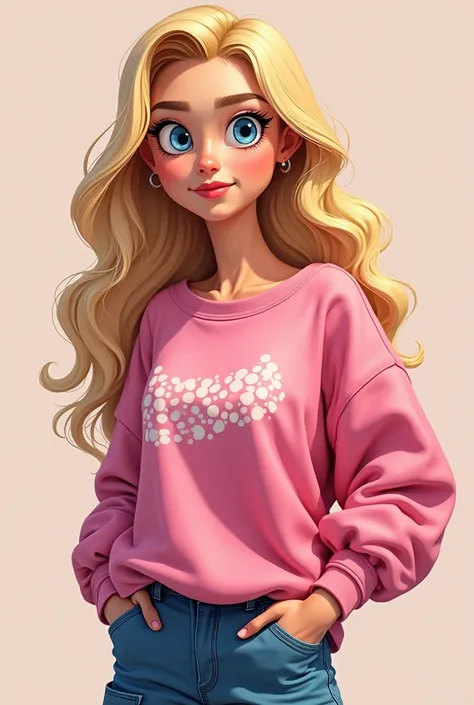 An art pop cartoon of a 40-year-old ,  Long hair, wavy and blonde ,  blue eyes,  wearing a loose pink sweatshirt with a dot on the print,Some cargo jeans