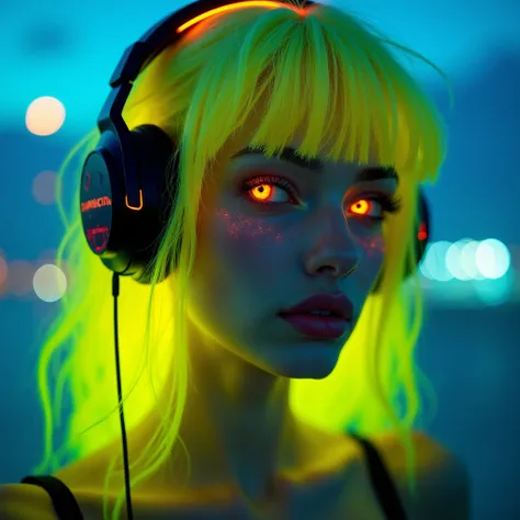 Bioluminescent masutepiece,award - winning photo, Extremely detailed,beach, cyberpunk style, , Curvy Russian yellow hairs model has a very distinctive face structure. With headphone, They tend to have high cheekbones, which gives their faces an angular sha...