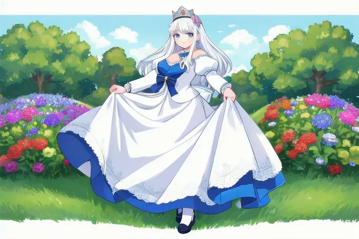 Beautiful Queen,  white hair, white and blue princess dress, full body,
 with field and flowers in the background,
 achromatic ,
masterpiece,  ultra high res against a flat background,  high quality,