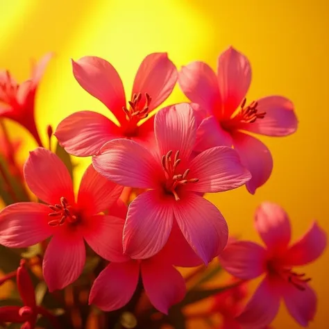 Photograph of a yellow background with red and fuchsia pink flowers. The flowers shine with their own light .