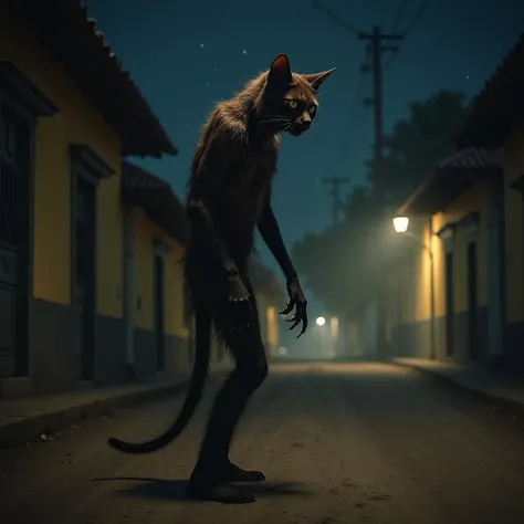 cat man,  thin body, very hairy, dark brown coat. Long tail. Aggressive and creepy features. Hands have claws. The skin color is dark brown. Corpo now. He's barefoot and standing ,  on a corner of a dirt road,  with old houses in Portuguese colonial style,...