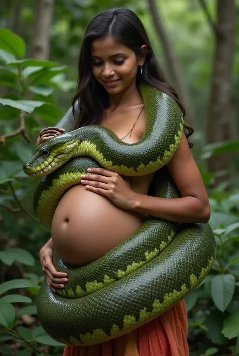 Pregnant smiling Happy Horny, aroused 1girl), beautiful standing Indian village girl very young  girl with giant colossal green kaa monster squeezing her hard, wrapped in thick spiraling coils, constricted, struggle, gasping for air, snake attack, snake pe...