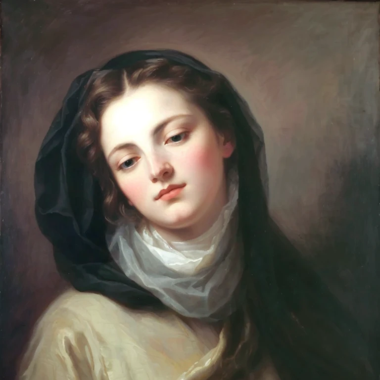 painting of a woman in a black and white scarf and a white scarf, Graceful portrait of a saint,  portrait of a melancholic lady ,  majestic holy woman , Carvaggio , painting of a woman, Inspired by Jacopo Amigoni, adelaide labille - guiard, inspired by Lou...