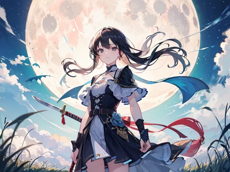  Attention to Details, super details on left chest, super high resolution, holding a two-handed sword is looking at the moon,The Moon Before a Girl's Eyes,Moonlight shines around her, moon on the left and right is a full moon in front of her eyes,The prair...