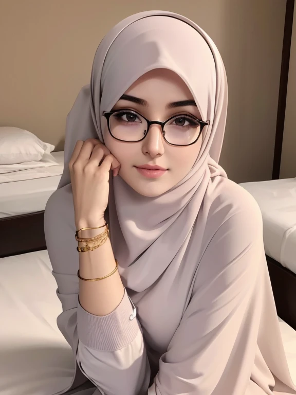 A beautiful high school glasses Arabian  girl model, white skin, sharp nose, thin lips, circle face, slender body, voluptuous breast, off shoulder, wear hijab, arm sleeve, golden bangles, bracelets, necklaces, swiss polo watch, in nurse uniform, cloak, gor...