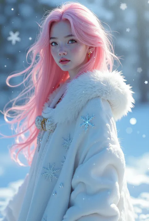 Female 20 years old,귀여운 얼굴,pink long hair, wears white clothes and covers snow crystals and white eyes, Ice superpower 