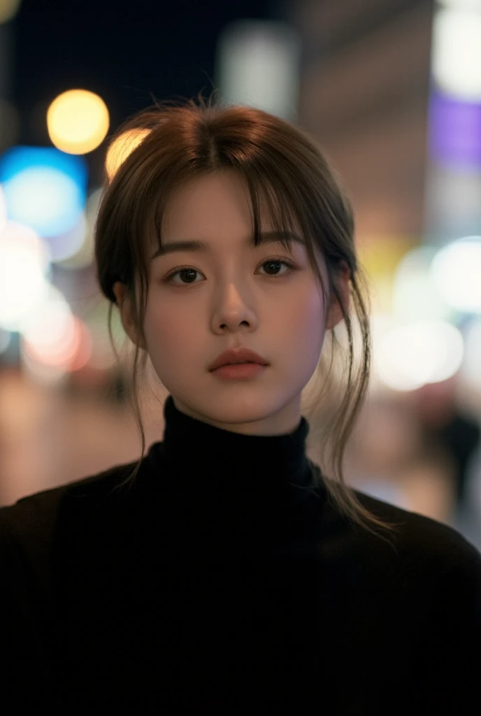 there is a woman with a short hair and a black shirt, portrait of female korean idol, unique hairstyle, over exposure background, black turtleneck, photo of the girl, by Zou Zhe, 🍂 cute, young with long hair. rim light, busy city atmosphere,