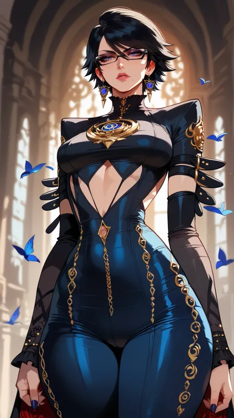 Bayonetta Style,  perfect eyes,  perfectly sexy face , ultra detailed,  ultra perfect eyes,  short hair,  black hair,  big beautiful woman , standing, dark blue shorts, Body,  looking at the spectator,