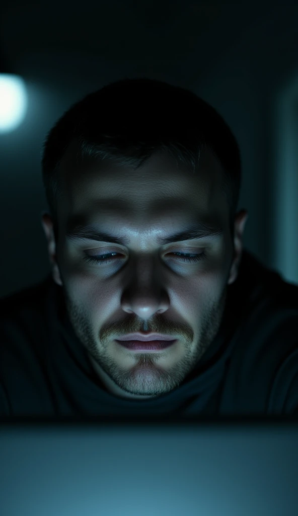 A cinematic close-up of Ray’s face, now pale, his eyes staring blankly at the screen. His breathing is visible in the cold air. The room is deathly silent, with only the laptop in front of him. Shadows crawl along the walls, giving an eerie, supernatural f...