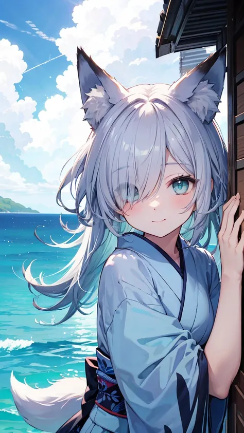  Gray Hair、 long hair、hair over one eye、summer、sea、Ruins、 low angle、Cumulonimbus、 slender、  cute pose、smile、  Cool Personality、  boyish、July、  kimono、 Fox Ears、fox tail、 high school girl、、masterpiece、masterpiece、 pale blue-green eyes、Light blue inner hair ...